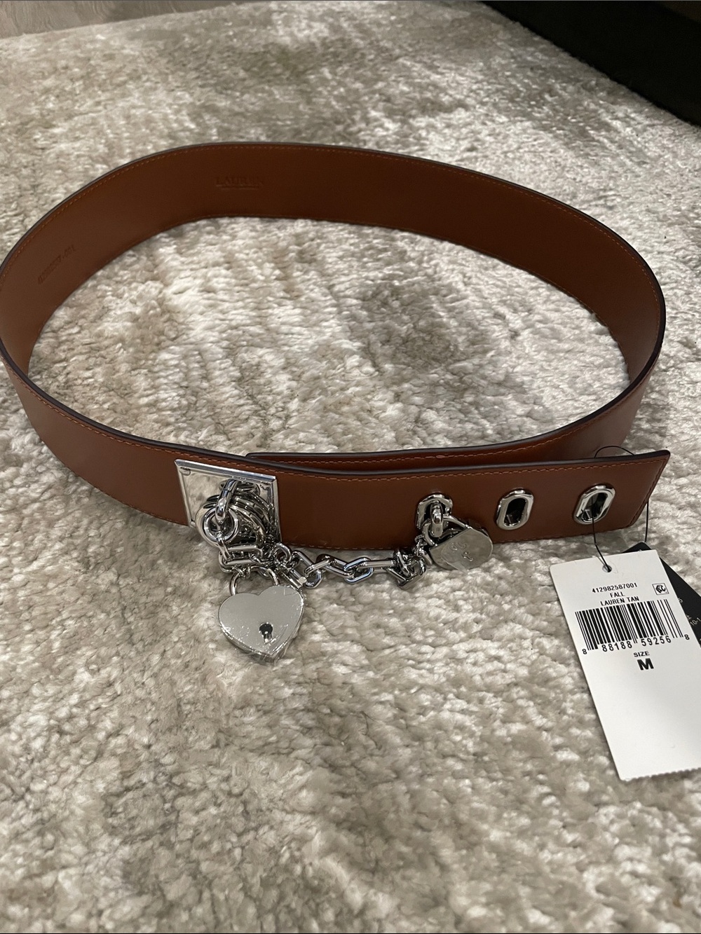 Lauren Ralph Lauren Tan Leather Belt with Silver Heart Charms